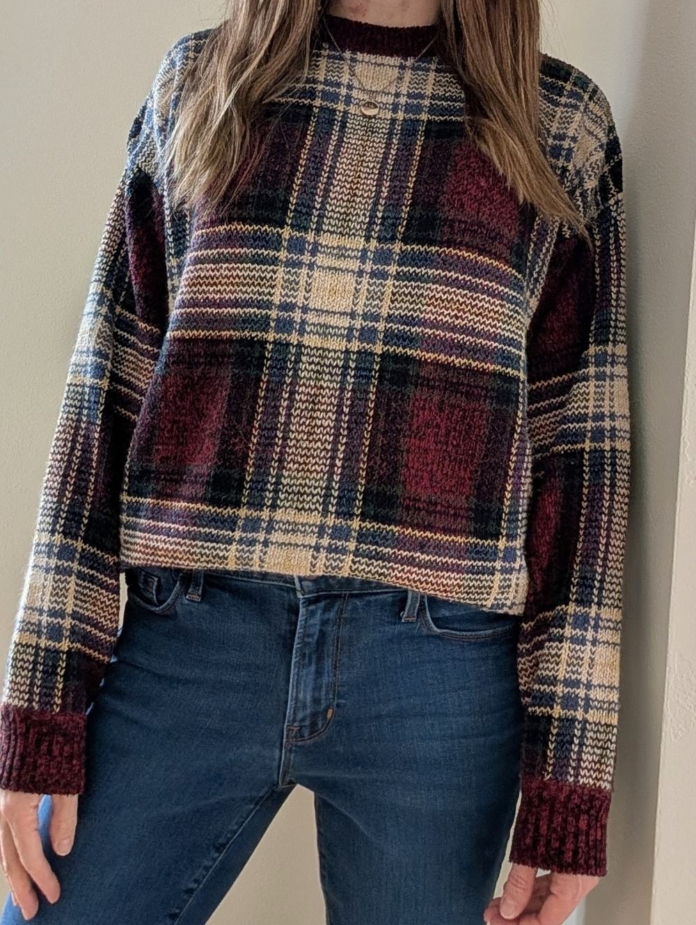 Vintage 90's Plaid Abstract Geometric Silk Blend Crewneck Sweater In Burgundy